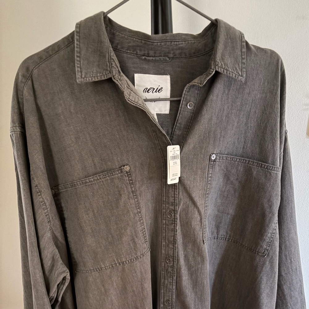 aerie Washed Oversized Button-Down Shirt in Charcoal Gray